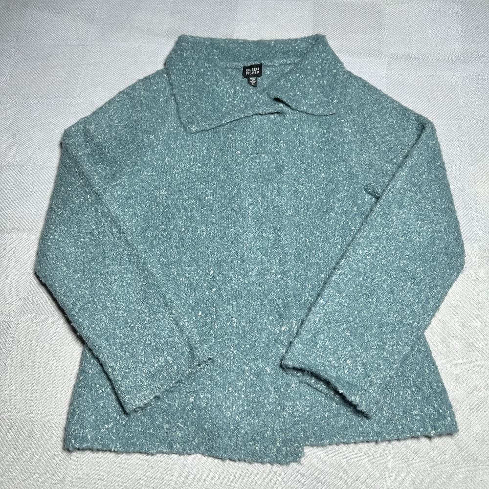 Eileen Fisher Sweater Coat Womens Small Boucle Alpaca Wool Silk Teal Lagenlook